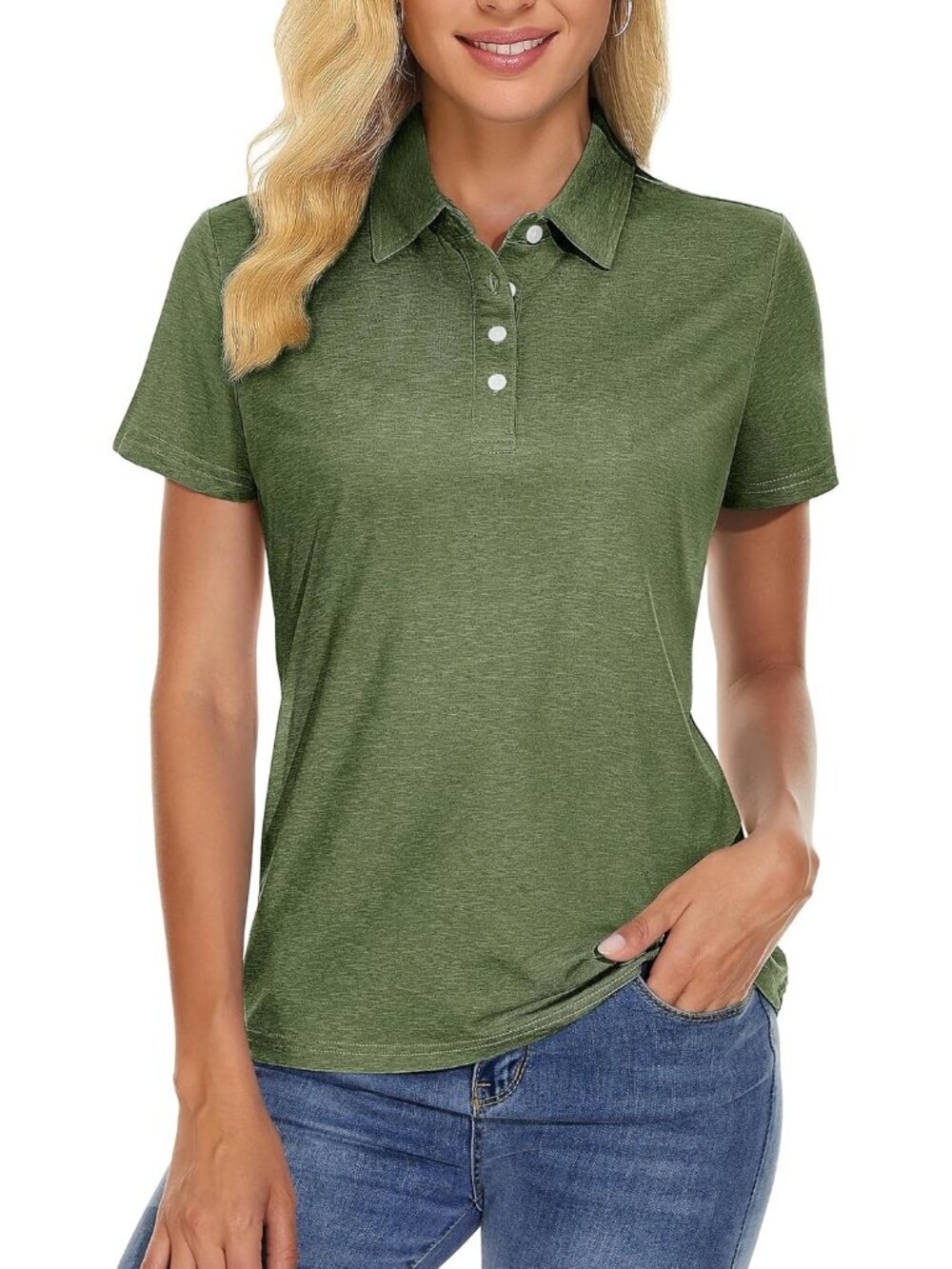 Women A-green Short Sleeve Golf Shirts 4-Button Quick Dry Collared Top for Gym